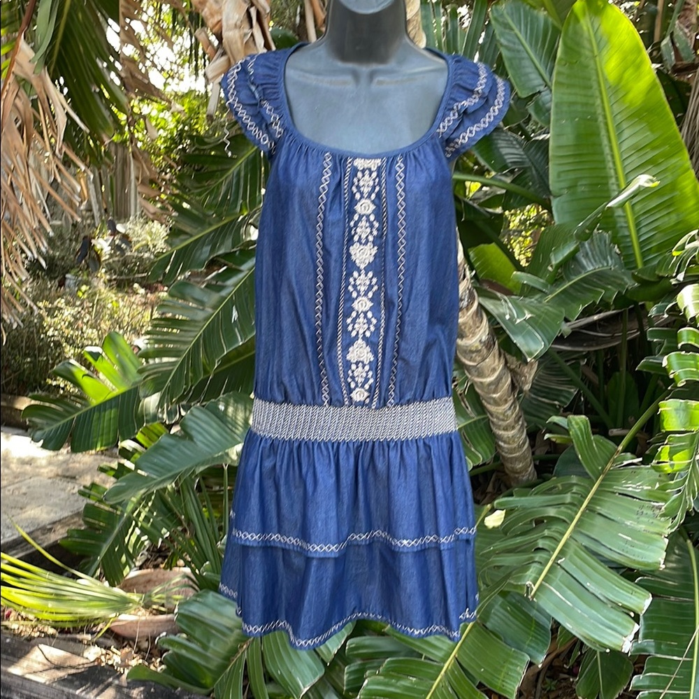Drop waist ruffled skirt denim dress
